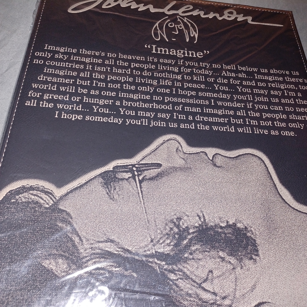 12x14 laser etched leather wall plaque of John Lennon with the words to Imagine.